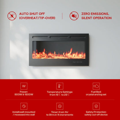 Recessed Media Wall Electric Fireplace 40/50/60/70/80 Inch – 12 Flame Colours & Remote Control 5120 BTU/h