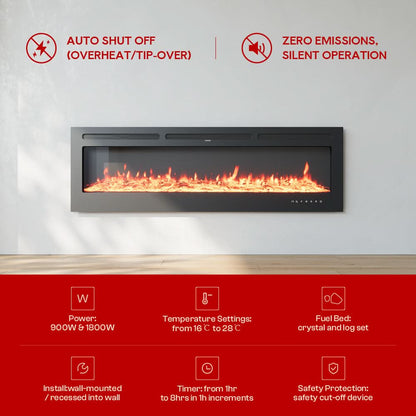 Recessed Media Wall Electric Fireplace 40/50/60/70/80 Inch – 12 Flame Colours & Remote Control 5120 BTU/h