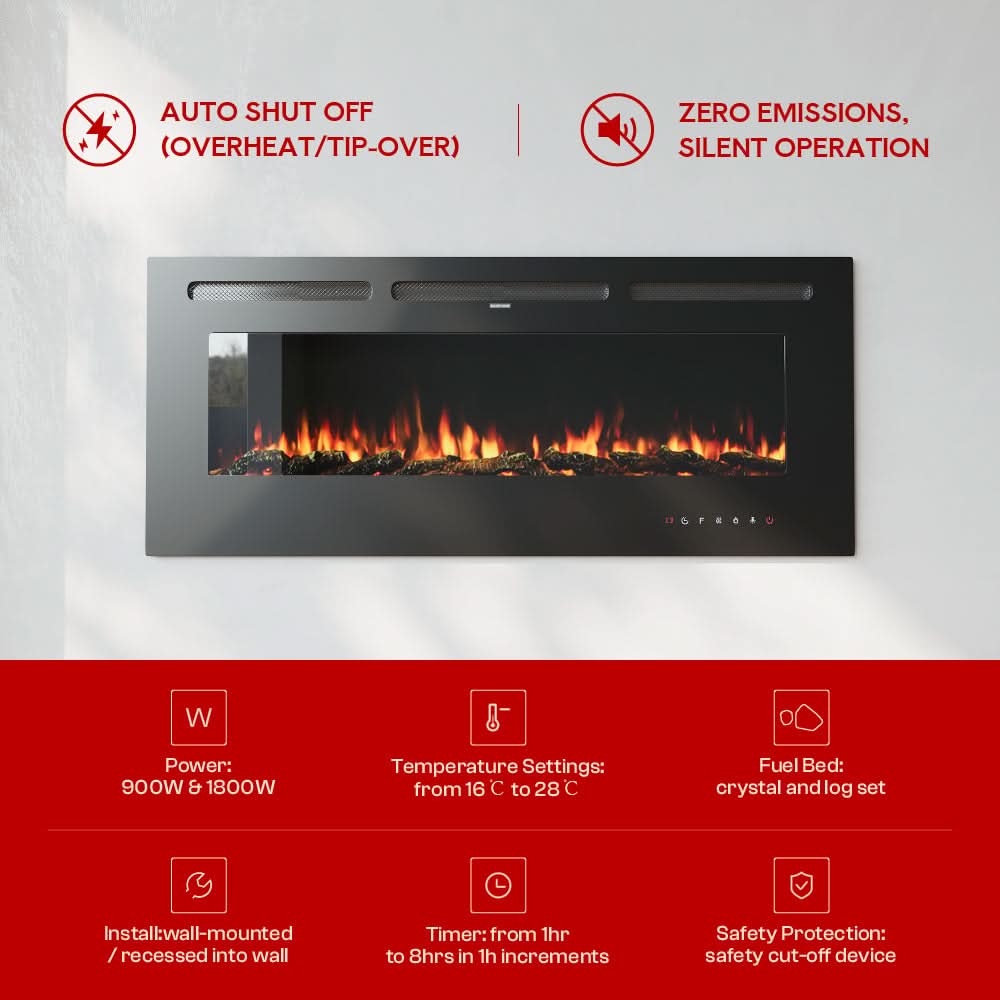 Recessed Media Wall Electric Fireplace 40/50/60/70/80 Inch – 12 Flame Colours & Remote Control 5120 BTU/h
