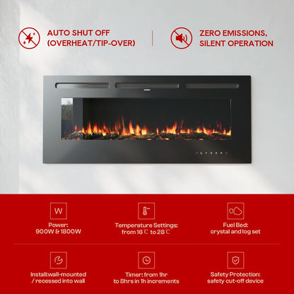 Recessed Media Wall Electric Fireplace 40/50/60/70/80 Inch – 12 Flame Colours & Remote Control 5120 BTU/h