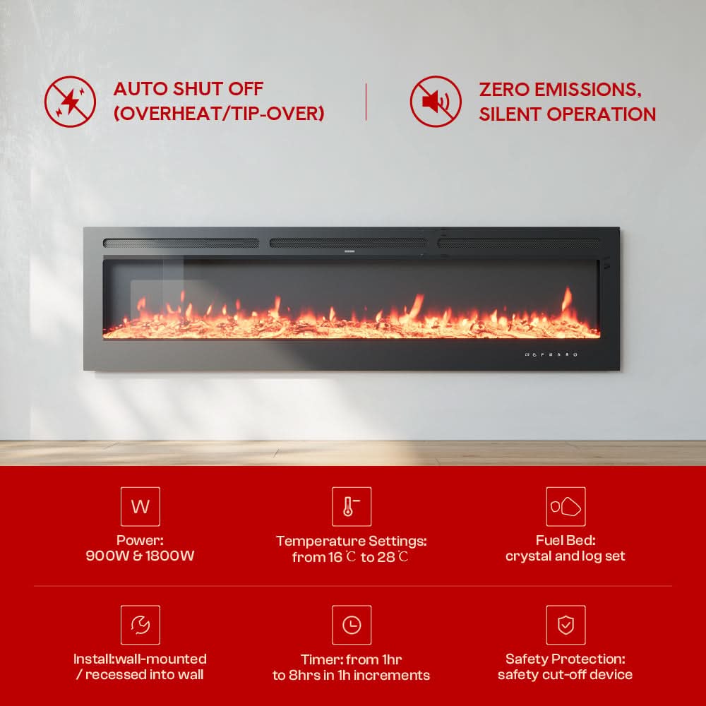 Recessed Media Wall Electric Fireplace 40/50/60/70/80 Inch – 12 Flame Colours & Remote Control 5120 BTU/h