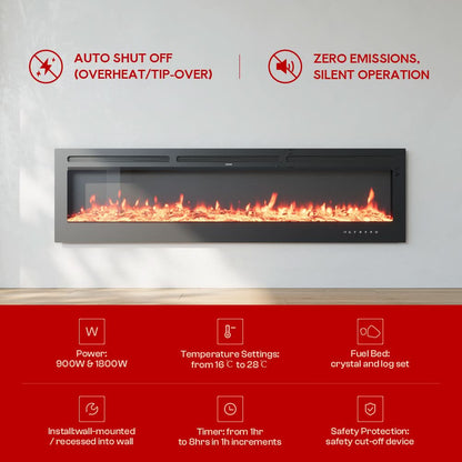 Recessed Media Wall Electric Fireplace 40/50/60/70/80 Inch – 12 Flame Colours & Remote Control 5120 BTU/h