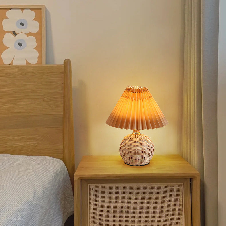 Scandinavian Rattan Pleated Fabric Conic LED Table Lamp 1-Light