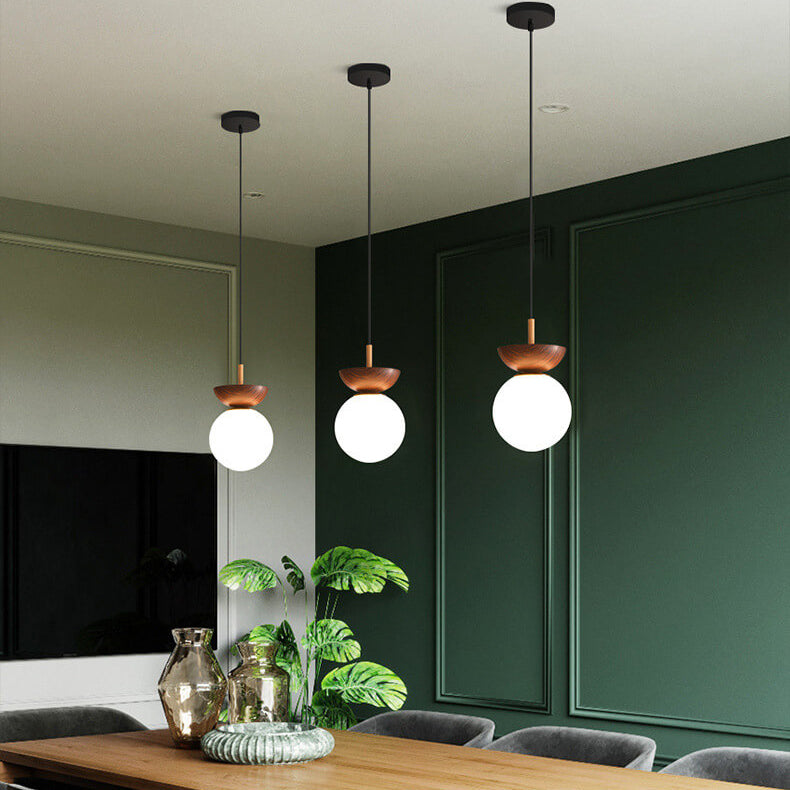 Scandinavian Wood Glass Globe 1-Light Ceiling Light