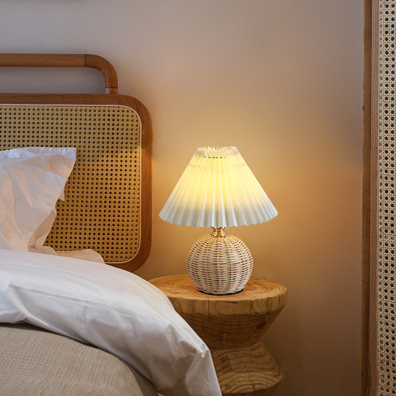 Scandinavian Rattan Pleated Fabric Conic LED Table Lamp 1-Light