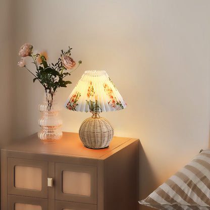 Scandinavian Rattan Pleated Fabric Conic LED Table Lamp 1-Light