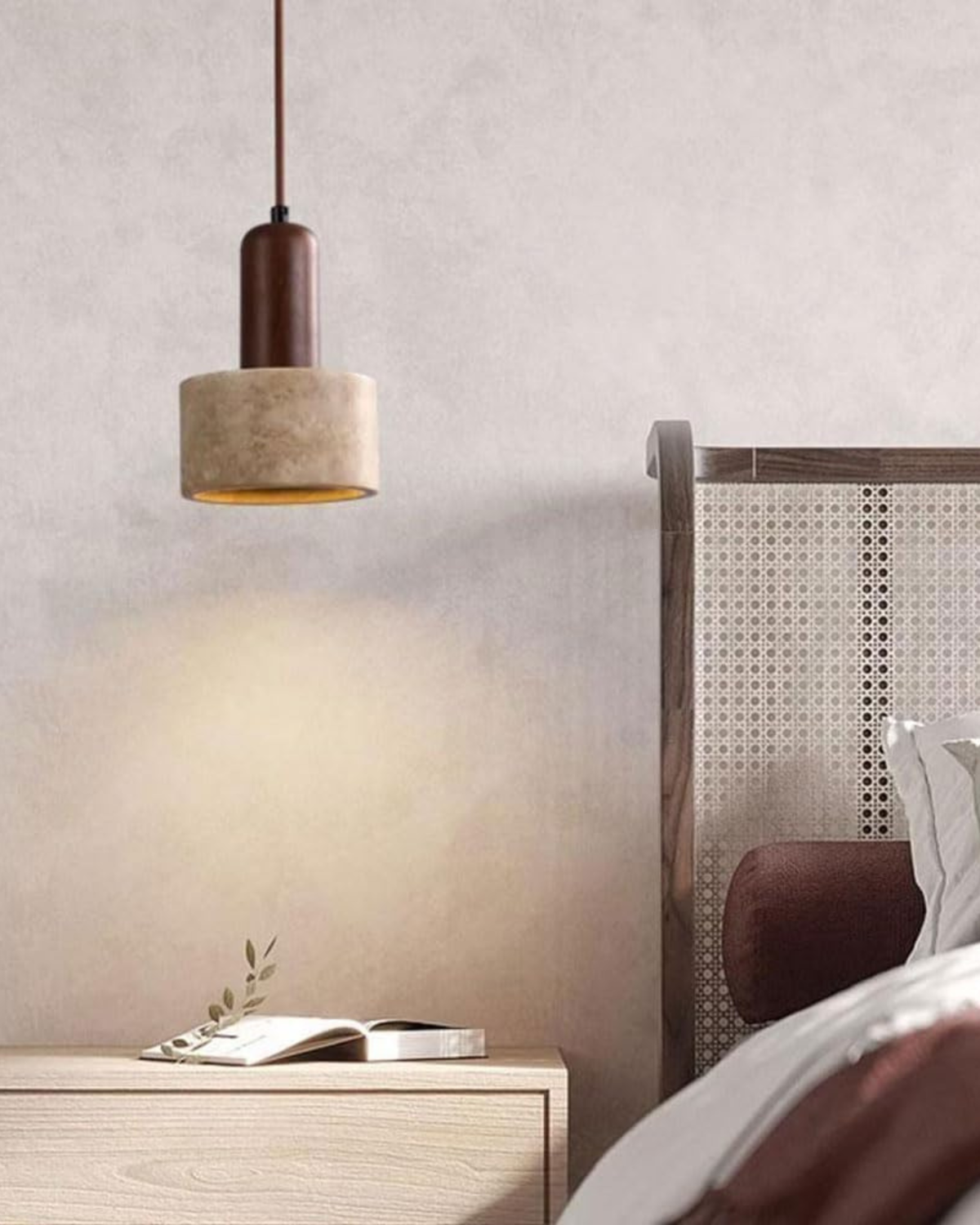 Modern Travertine Wood Cylinder Pendant Light 1-Light