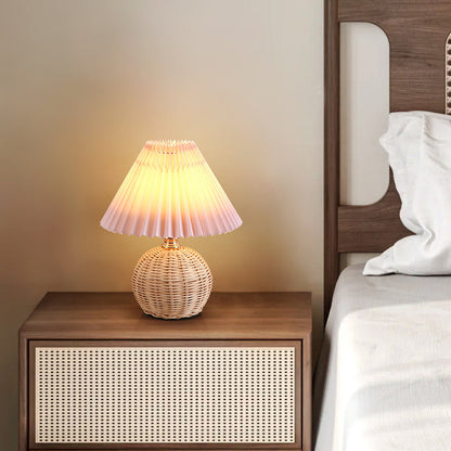 Scandinavian Rattan Pleated Fabric Conic LED Table Lamp 1-Light