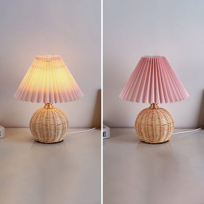 Scandinavian Rattan Pleated Fabric Conic LED Table Lamp 1-Light