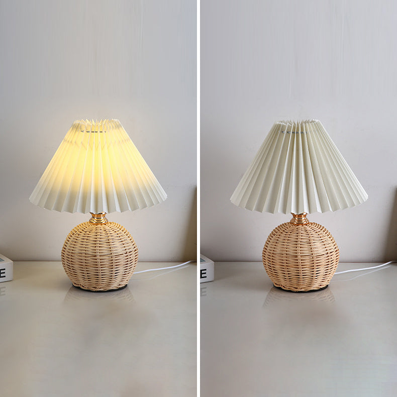 Scandinavian Rattan Pleated Fabric Conic LED Table Lamp 1-Light