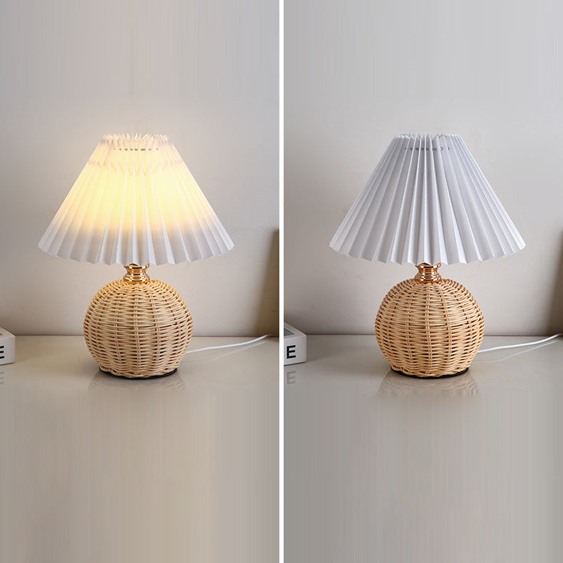 Scandinavian Rattan Pleated Fabric Conic LED Table Lamp 1-Light
