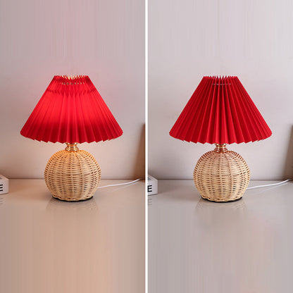 Scandinavian Rattan Pleated Fabric Conic LED Table Lamp 1-Light