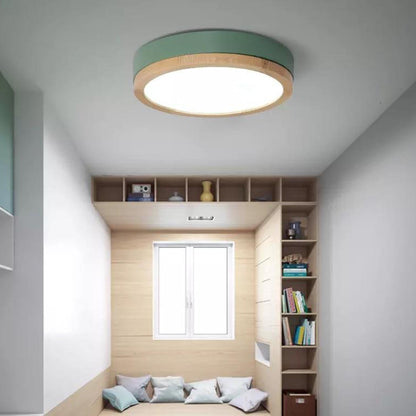 Scandinavian Wood Round LED Flush Ceiling Light | 1-Light