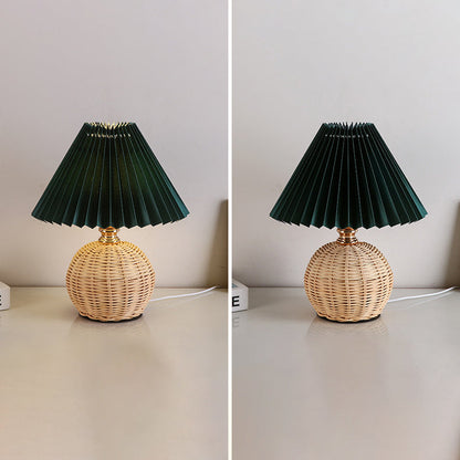Scandinavian Rattan Pleated Fabric Conic LED Table Lamp 1-Light