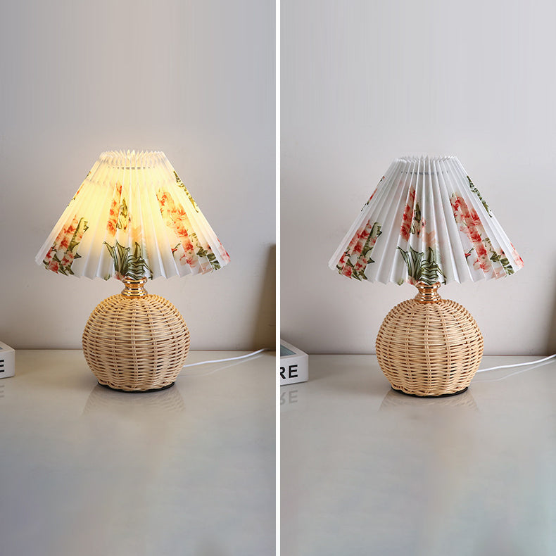 Scandinavian Rattan Pleated Fabric Conic LED Table Lamp 1-Light