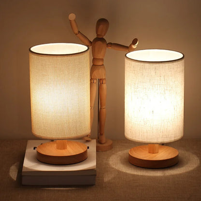 Scandinavian Wood Linen Shade Table Lamp 1-Light
