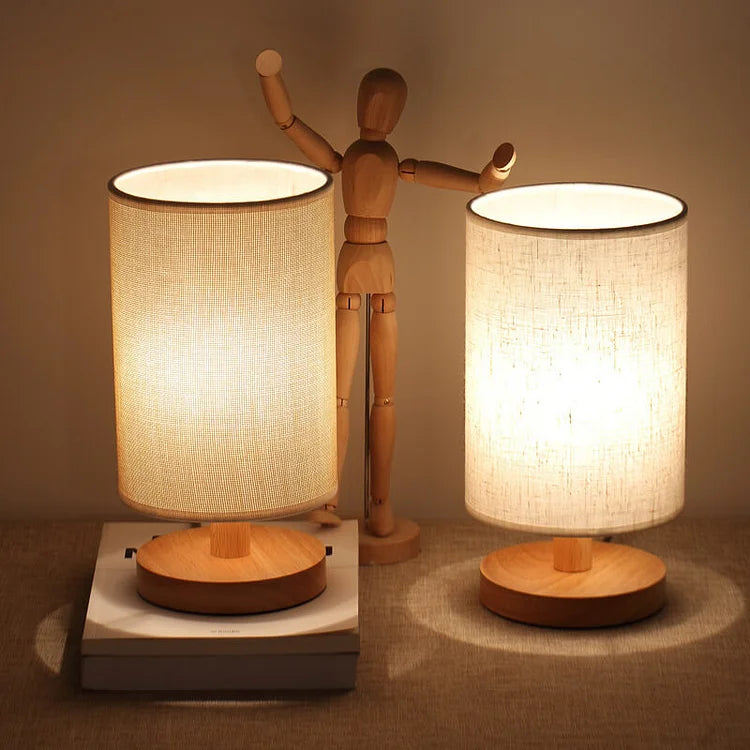Scandinavian Wood Linen Shade Table Lamp 1-Light