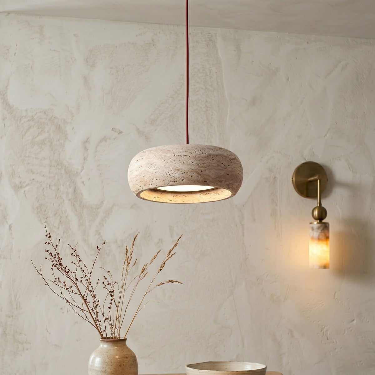 Modern Travertine Dimmable Remote Pendant Light
