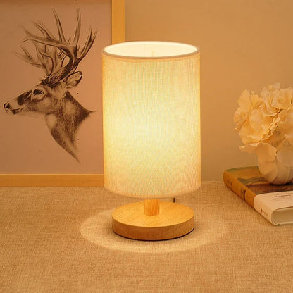 Scandinavian Wood Linen Shade Table Lamp 1-Light
