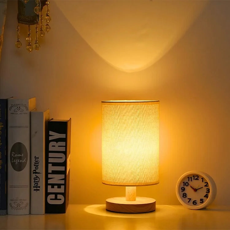 Scandinavian Wood Linen Shade Table Lamp 1-Light