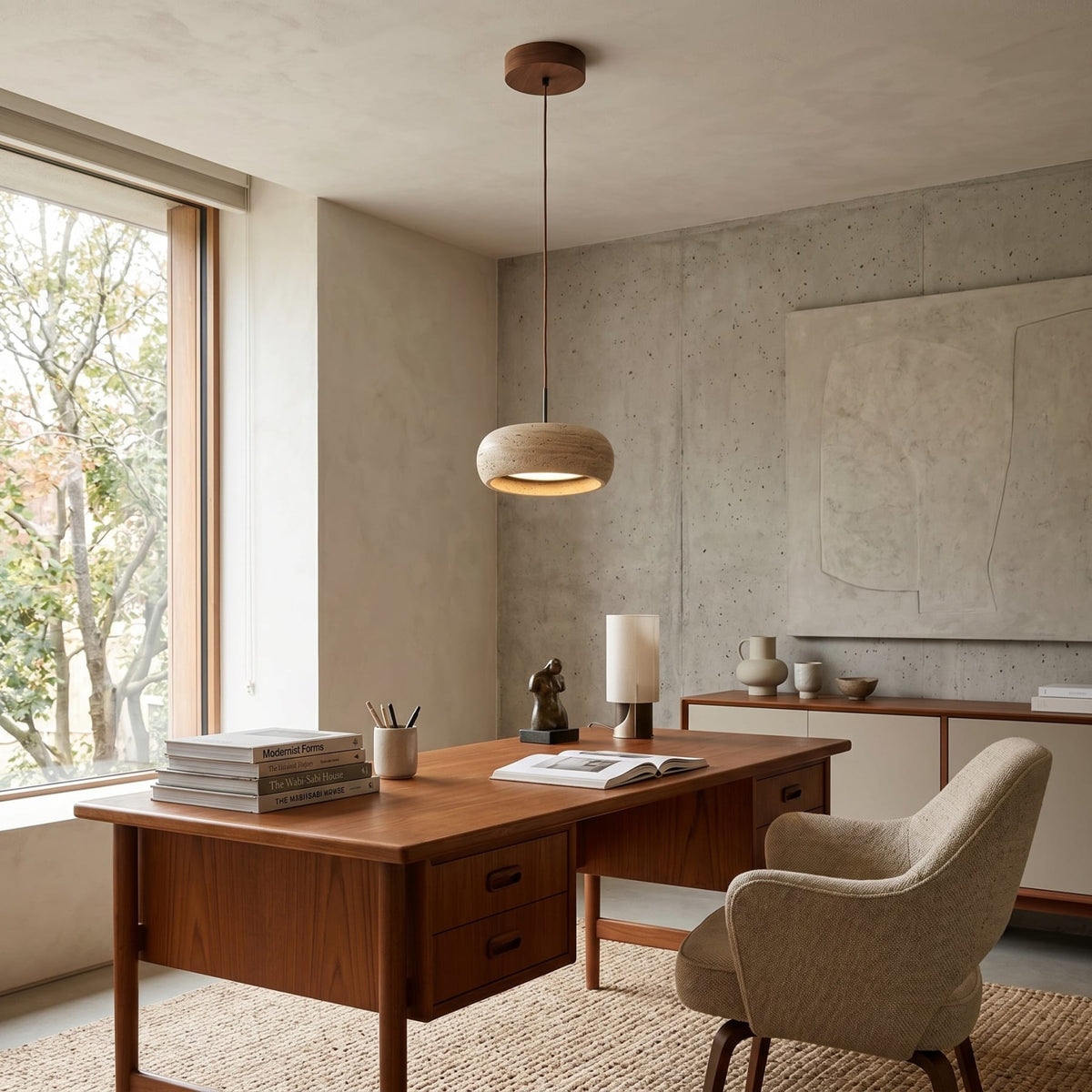 Modern Travertine Dimmable Remote Pendant Light
