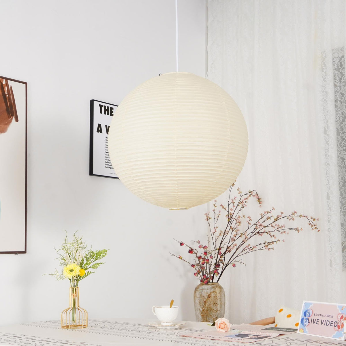 Contemporary Paper Ribbed Shade Pendant Light 1-Light