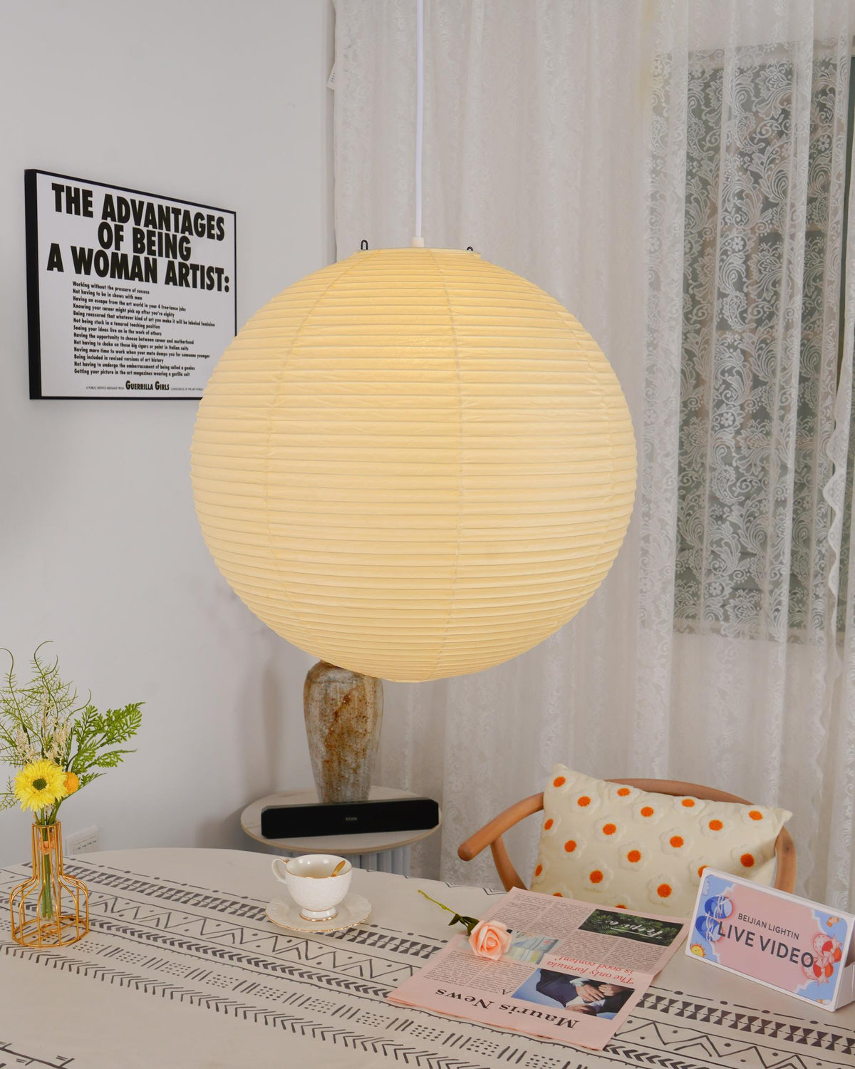 Contemporary Paper Ribbed Shade Pendant Light 1-Light