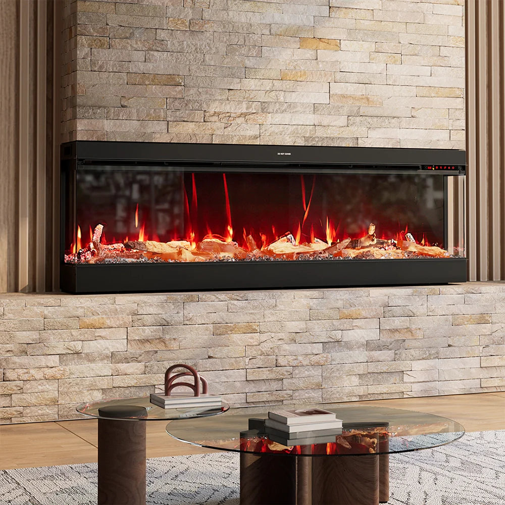 3-Sided Smart Electric Fireplace 50/60/70 Inch – WiFi App, Remote Control, Crackling Sound & 12 Flame Colours