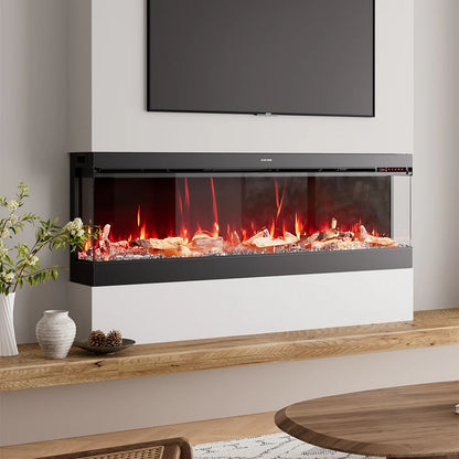 3-Sided Smart Electric Fireplace 50/60/70 Inch – WiFi App, Remote Control, Crackling Sound & 12 Flame Colours