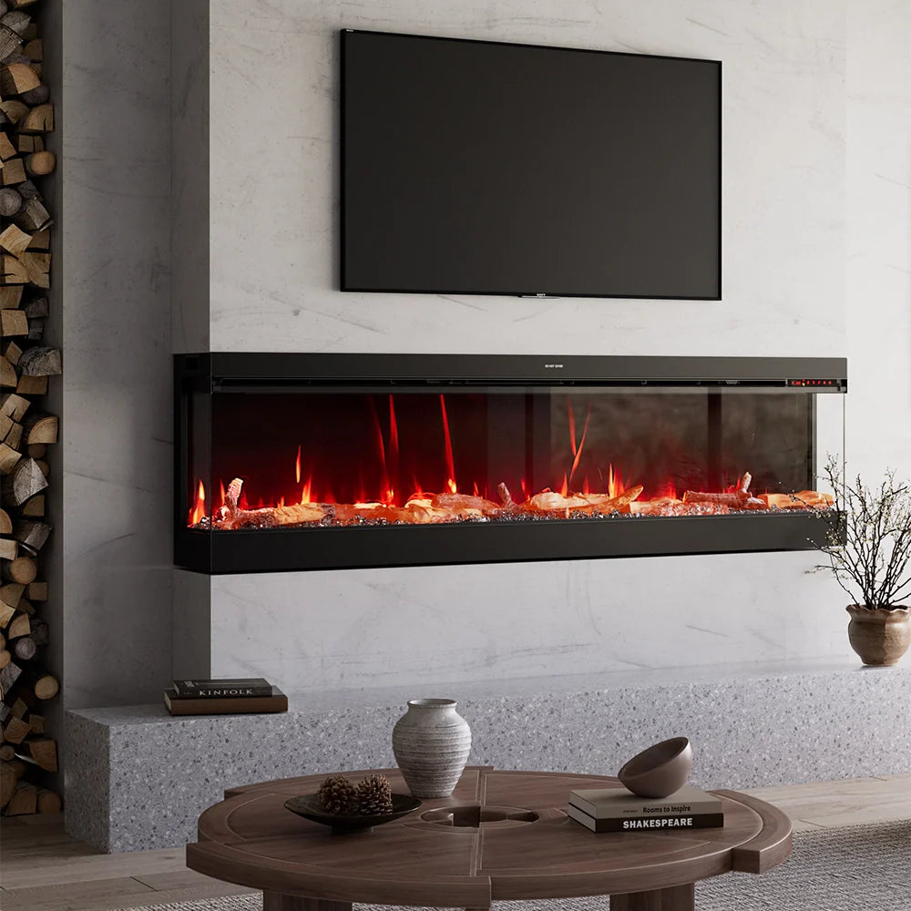 3-Sided Smart Electric Fireplace 50/60/70 Inch – WiFi App, Remote Control, Crackling Sound & 12 Flame Colours