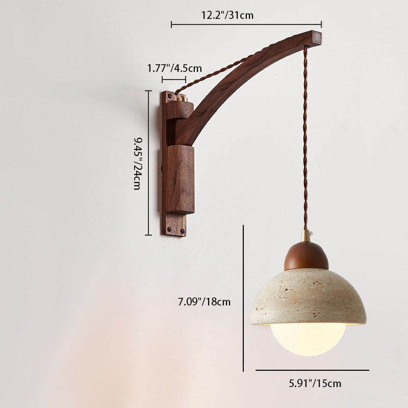 Japanese Wabi-Sabi Wood Glass Dome Wall Sconce Lamp 1-Light