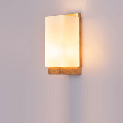 Japanese Wood Glass Rectangle 1-Light LED Wall Sconce Lamp