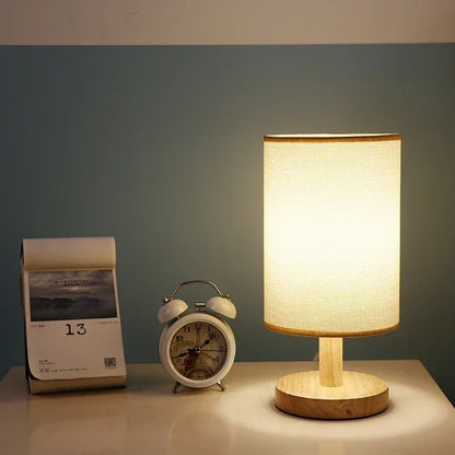 Scandinavian Wood Linen Shade Table Lamp 1-Light