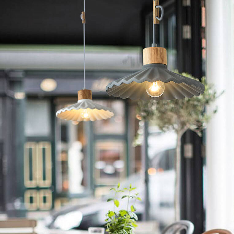 Contemporary Wood and Cement Scalloped Pendant Light | 1-Light