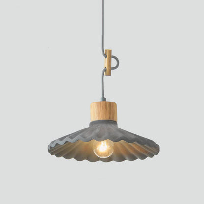 Contemporary Wood and Cement Scalloped Pendant Light | 1-Light