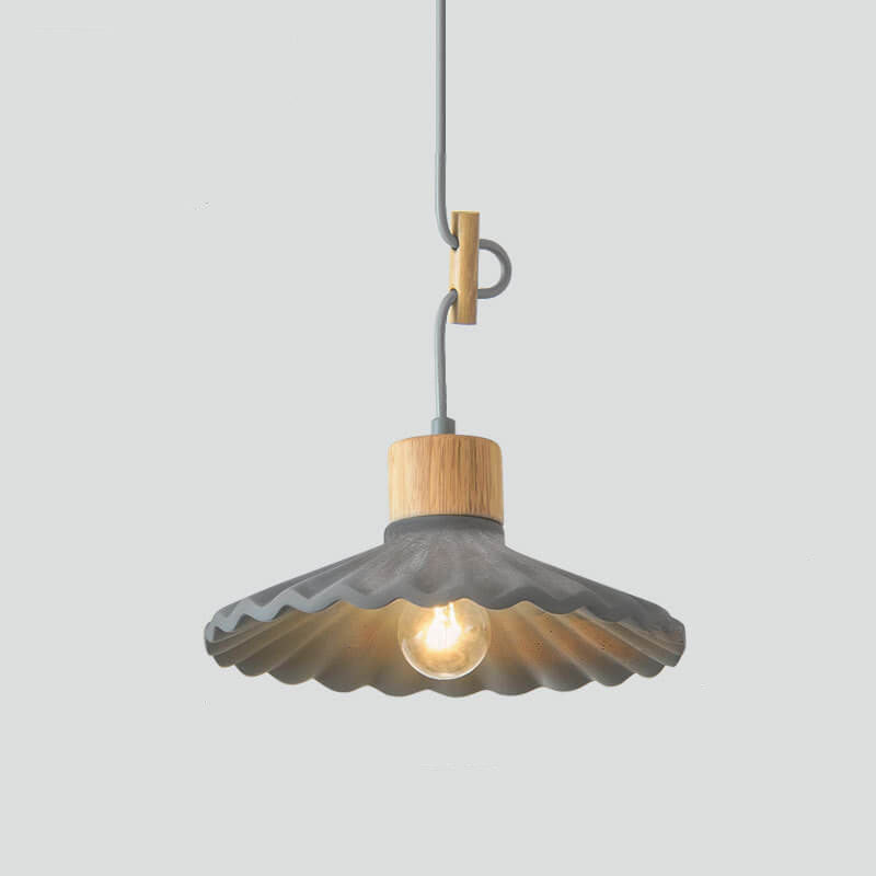 Contemporary Wood and Cement Scalloped Pendant Light | 1-Light