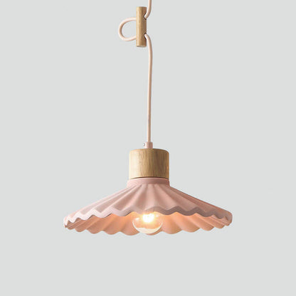 Contemporary Wood and Cement Scalloped Pendant Light | 1-Light