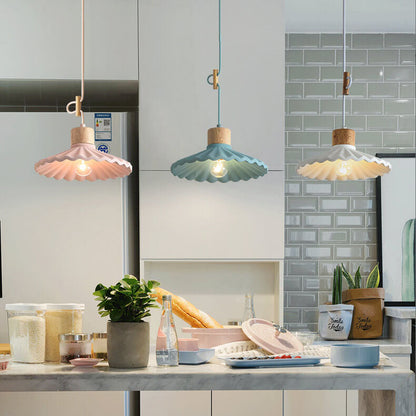 Contemporary Wood and Cement Scalloped Pendant Light | 1-Light