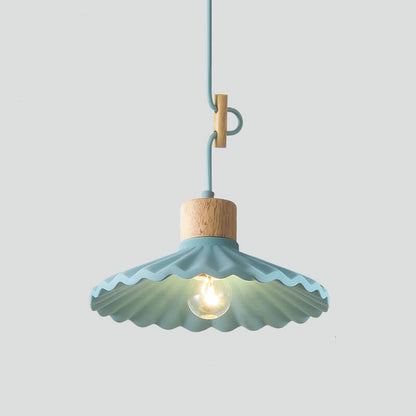 Contemporary Wood and Cement Scalloped Pendant Light | 1-Light
