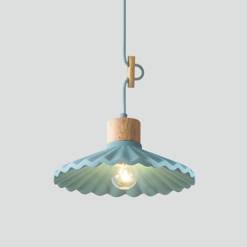 Contemporary Wood and Cement Scalloped Pendant Light | 1-Light