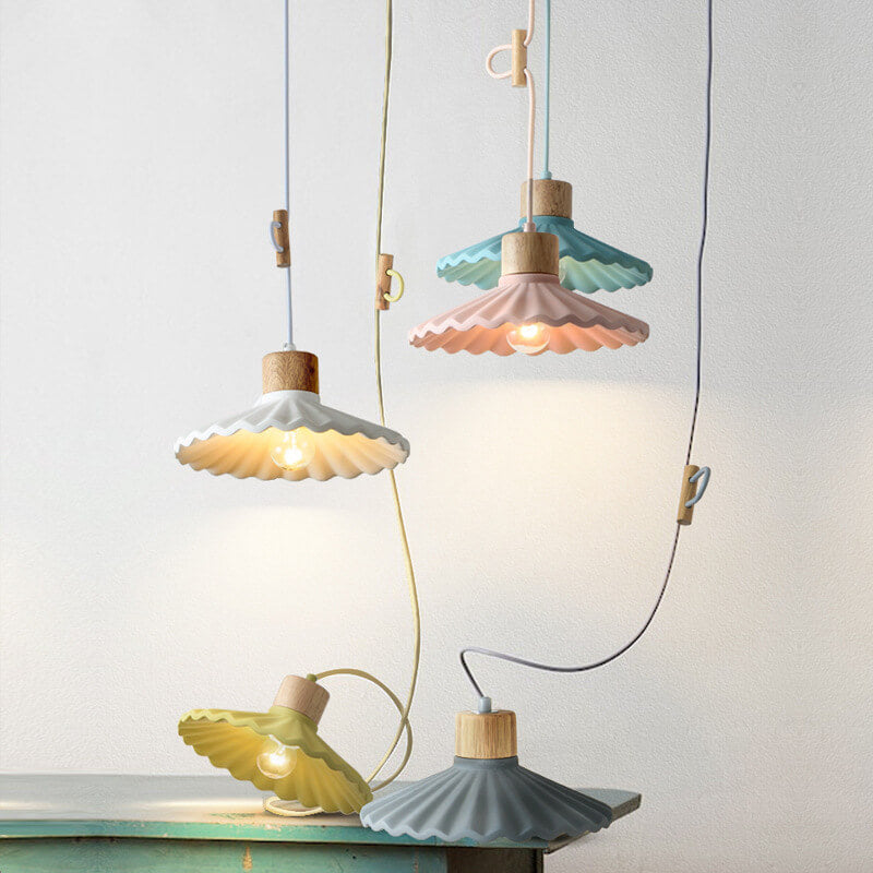 Contemporary Wood and Cement Scalloped Pendant Light | 1-Light