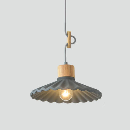 Contemporary Wood and Cement Scalloped Pendant Light | 1-Light