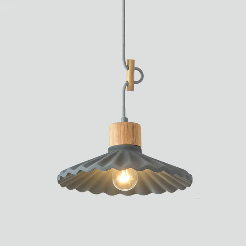 Contemporary Wood and Cement Scalloped Pendant Light | 1-Light