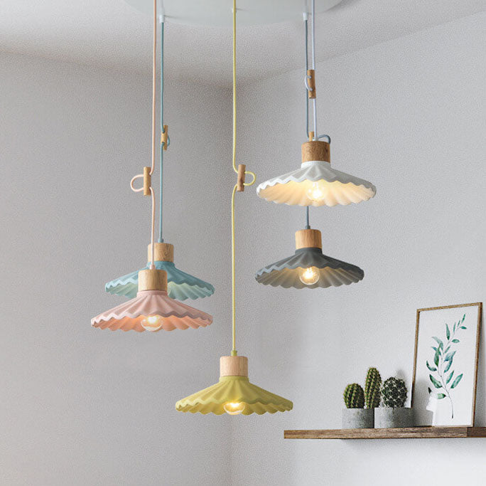 Contemporary Wood and Cement Scalloped Pendant Light | 1-Light