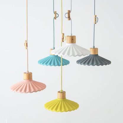 Contemporary Wood and Cement Scalloped Pendant Light | 1-Light