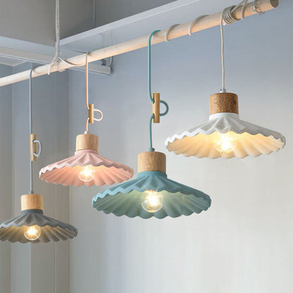 Contemporary Wood and Cement Scalloped Pendant Light | 1-Light