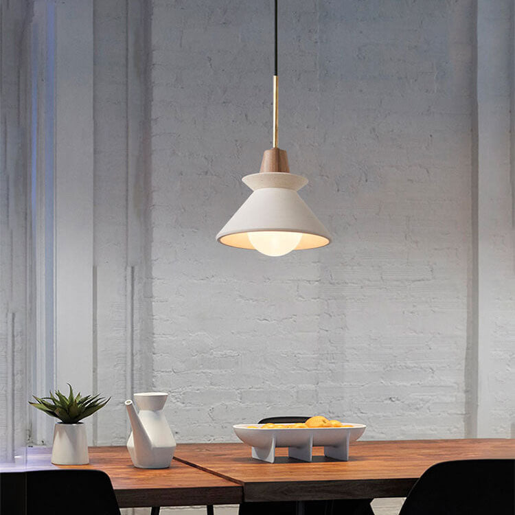 Scandinavian Cement and Wood Tapered Pendant Light | 1-Light
