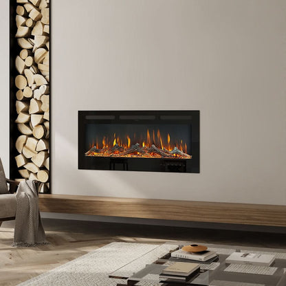 Recessed Media Wall Electric Fireplace 40/50/60/70/80 Inch – 12 Flame Colours & Remote Control 5120 BTU/h