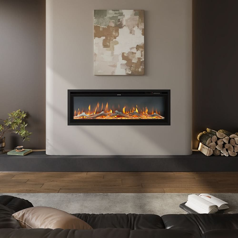 Slim Wall Mounted Electric Fireplace 40/50/60 Inch – 12 Flame Colours, Thermostat & Remote Control