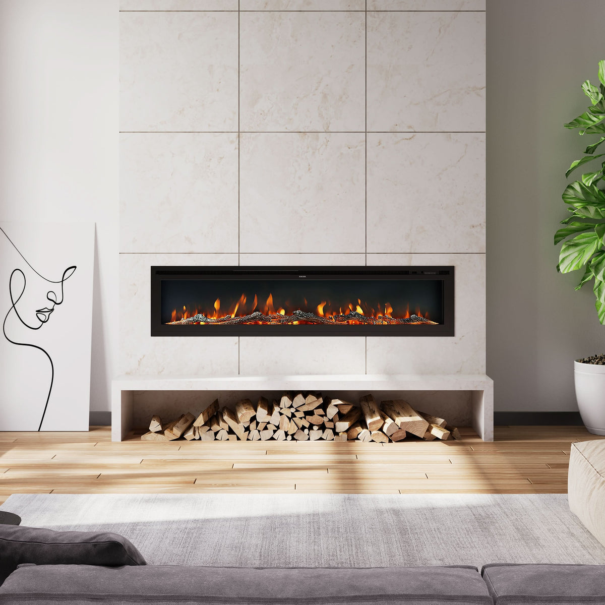 Extra Wide Wall Mounted Electric Fireplace 70/80/100 Inch – 12 Flame Colours, Dual Heat & Remote Control